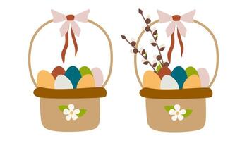 Set of Easter egg basket. Vector Flat Collection of Holiday elements isolated on white. Design Art with Colorful Painted Eggs, Ribbon Bow and Willow Branches for Greeting Card, Poster, Decoration.