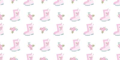 Rose Rain boots Seamless Pattern. Pink Rubber boots and Flowers on White background. Spring Gumboots Loop Template for Greeting card, Banner, Packaging, Fabric, Textile Flat Vector Illustration.