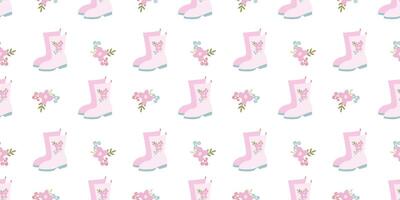 Rosa lluvia botas sin costura modelo. rosado caucho botas y flores en blanco antecedentes. primavera botas de agua lazo modelo para saludo tarjeta, bandera, embalaje, tela, textil plano vector ilustración.