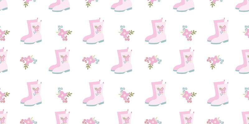 Rose Rain boots Seamless Pattern. Pink Rubber boots and Flowers on White background. Spring Gumboots Loop Template for Greeting card, Banner, Packaging, Fabric, Textile Flat Vector Illustration.