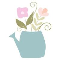 Hand drawn Flat Cute Spring Flower Bouquet in Watering Can. Vector Cartoon Illustration Isolated on White. Floral Blooming Design Element for Holiday Celebration Card, Decoration, Poster, Sticker.