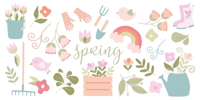Spring Garden set. Hand drawn Flat Vector Isolated elements. Flowers, Birds, Gardening Tools, Leaves. Graphic Art for Scrapbooking, Greeting card, Party Invitation, Poster, Tag, Sticker kit, Design.
