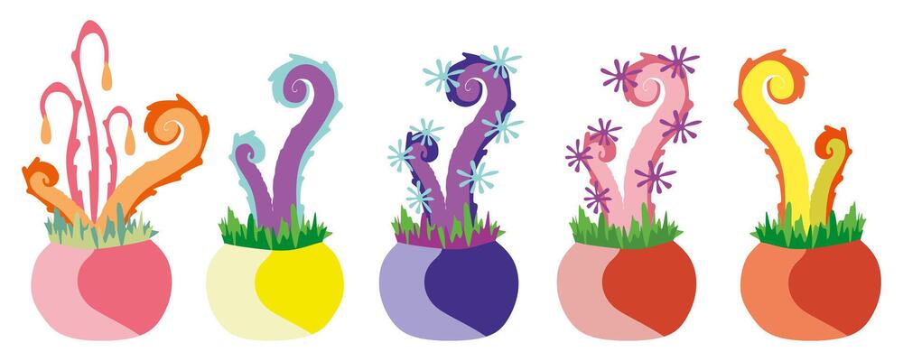 Tentacle Plant in flower pot set. Element for Game with Alien Fantasy plants isolated on white background. Color organism, monster, creature with tentacles. Design Art for Book, Poster, Print, Card.