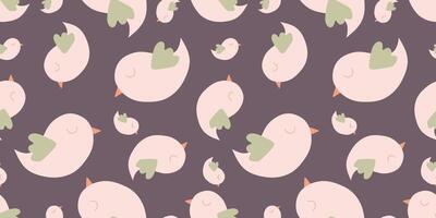 Cute Seamless Pattern with Small Birds. Spring Vector Flat Cartoon background in Pastel colors. Endless Template for Wallpaper, Printing, Web page, Surface texture, Wrapping paper, Textile, Fabric