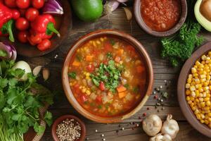 ai generado sopa con un girar, descubrir el negrita y picante delicias de pozole. generativo ai foto