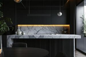 AI generated Contrasting Elegance, A Black Kitchen and White Marble Dining Table. generative ai photo