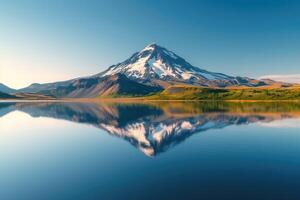 ai generado volcánico montaña en Mañana ligero reflejado en calma aguas de lago. generativo ai foto