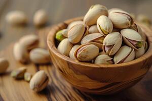 AI generated Crunchy Pleasures, Pistachios Nestled in a Wooden Bowl. generative ai photo