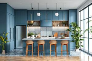 ai generado moderno casa de Campo azul cocina con azul armarios y isla. generativo ai foto