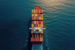 AI generated A loaded container cargo ship is seen ahead above the ocean. generative ai photo