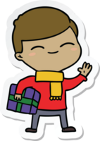 sticker of a cartoon smiling boy with gift png