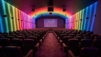 AI generated Empty auditorium, illuminated stage, purple velvet backdrop, glowing spotlight generated by AI photo