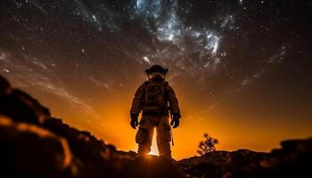 AI generated Army soldier standing in dark, armed with rifle, surveilling galaxy generated by AI photo