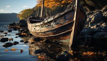 ai generado tranquilo otoño puesta de sol refleja en abandonado pescar barco en bosque generado por ai foto