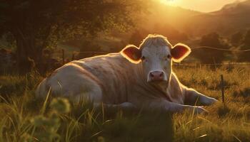 AI generated Cute cow grazing in green meadow, sunset paints nature beauty generated by AI photo