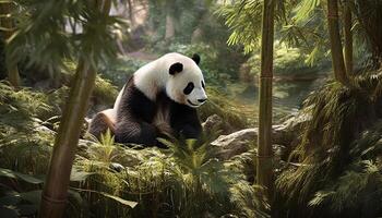 AI generated A cute giant panda eating bamboo in the tropical rainforest generated by AI photo