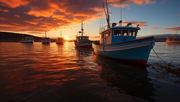 AI generated Sunset over tranquil coastline, fishing boat moored at commercial dock generated by AI photo