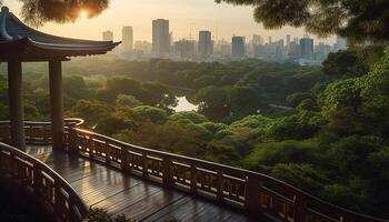 AI generated Famous bridge connects urban skyline, nature beauty in tranquil dusk generated by AI photo