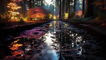 ai generado tranquilo otoño bosque, vibrante hojas reflejar en tranquilo estanque generado por ai foto