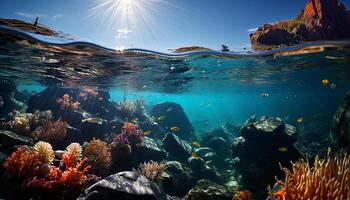 AI generated Underwater reef fish in nature, swimming below multi colored coral generated by AI photo