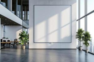 AI generated Office lobby with a large white wall ,no text for mockup, near meeting rooms. generative ai photo