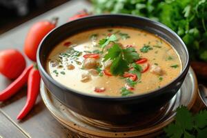 ai generado calmante tailandés sopa, tom kha gai. generativo ai foto