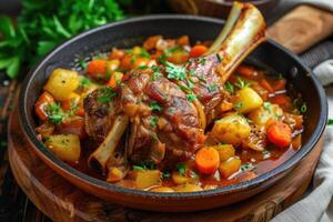 AI generated Braised lamb shank with herbs and vegetables. generative ai photo
