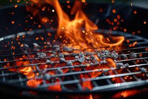 AI generated Hot Empty Portable Barbecue Bbq Grill with Flaming Fire and Ember Charcoal on Black Background. Waiting for The Placement of Your Food. Close up photo