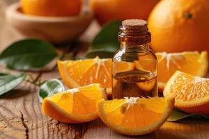 AI generated Orange essential oil with fresh sliced orange fruits. generative ai photo