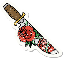 distressed sticker tattoo in traditional style of a dagger and flowers png