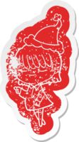 quirky cartoon distressed sticker of a woman wearing santa hat png