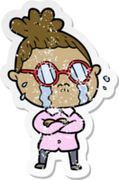 distressed sticker of a cartoon crying woman wearing spectacles png