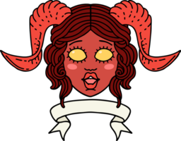 Retro Tattoo Style tiefling character face with scroll banner png