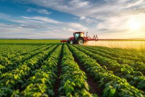 AI generated Tractor Spraying Pesticides at Soy Bean Field. generative ai photo