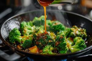 AI generated Stir-fry the broccoli with the sauce poured over photo