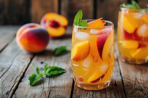 AI generated Refreshing Peach Sangria on wooden kitchen background. generative ai photo