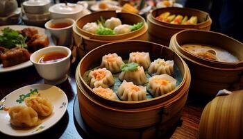 AI generated Steamed dumplings, a Chinese delicacy, served in a bamboo steamer generated by AI photo