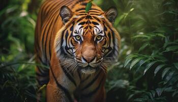 ai generado majestuoso Bengala Tigre curioso, salvaje belleza en naturaleza tranquilidad generado por ai foto