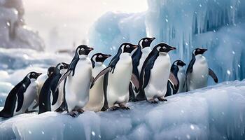 ai generado grupo de linda pingüinos anadeando en glacial antártico línea costera generado por ai foto