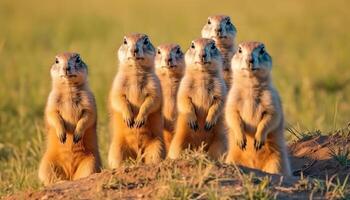 AI generated Cute meerkats standing in a row, looking alert in nature generated by AI photo