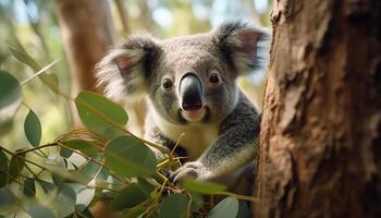 ai generado linda coala sentado en rama, mirando a cámara en bosque generado por ai foto