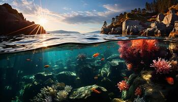 ai generado submarino pescado arrecife, azul tropical agua, profundo mar vida belleza generado por ai foto