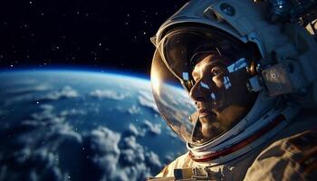 AI generated Astronaut exploring galaxy, looking at camera in futuristic space suit generated by AI photo