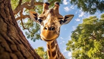 ai generado un linda jirafa en el salvaje, mirando a el cámara generado por ai foto