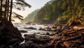 AI generated Tranquil sunset over rocky coastline, water reflects natural beauty generated by AI photo