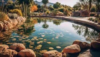 AI generated Tranquil scene reflection of palm tree in blue pond generated by AI photo
