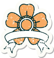 worn old sticker with banner of a flower png