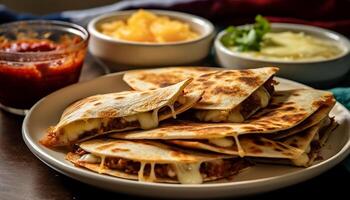 ai generado hecho en casa gastrónomo taco Fresco carne, picante salsa, sano pan plano generado por ai foto