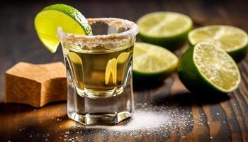 ai generado Fresco Lima rebanada en de madera mesa, tequila cóctel, refrescante bebida generado por ai foto