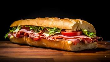 AI generated Freshness on a wooden table gourmet sandwich, meat, and vegetables generated by AI photo